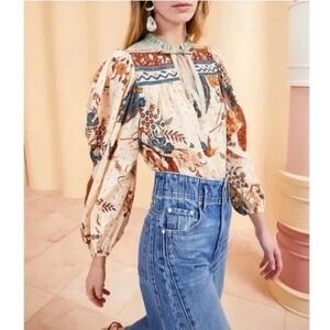 NEW‎ Ulla Johnson Rana Blouse Size 8 Floral Animal Bird Print Cotton Boho Egret